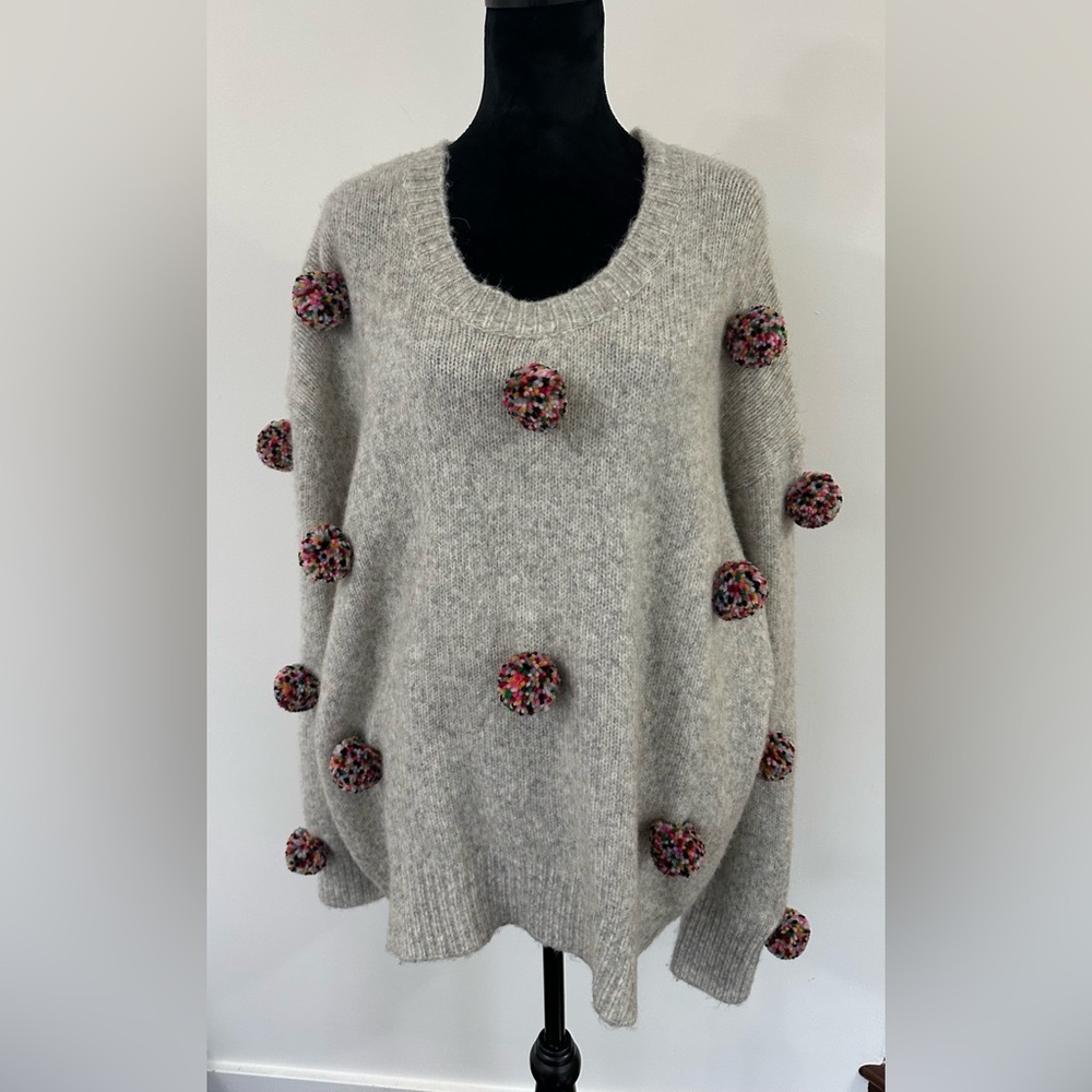 Zara Oversized Gray Sweater with Colorful Pom Poms